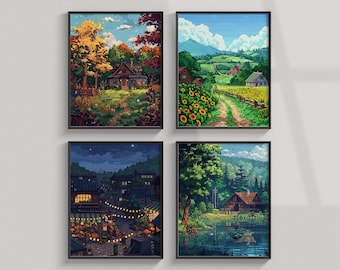 Set of 4 Stardew Valley Landscapes Prints, Cozy Gaming Room Decor