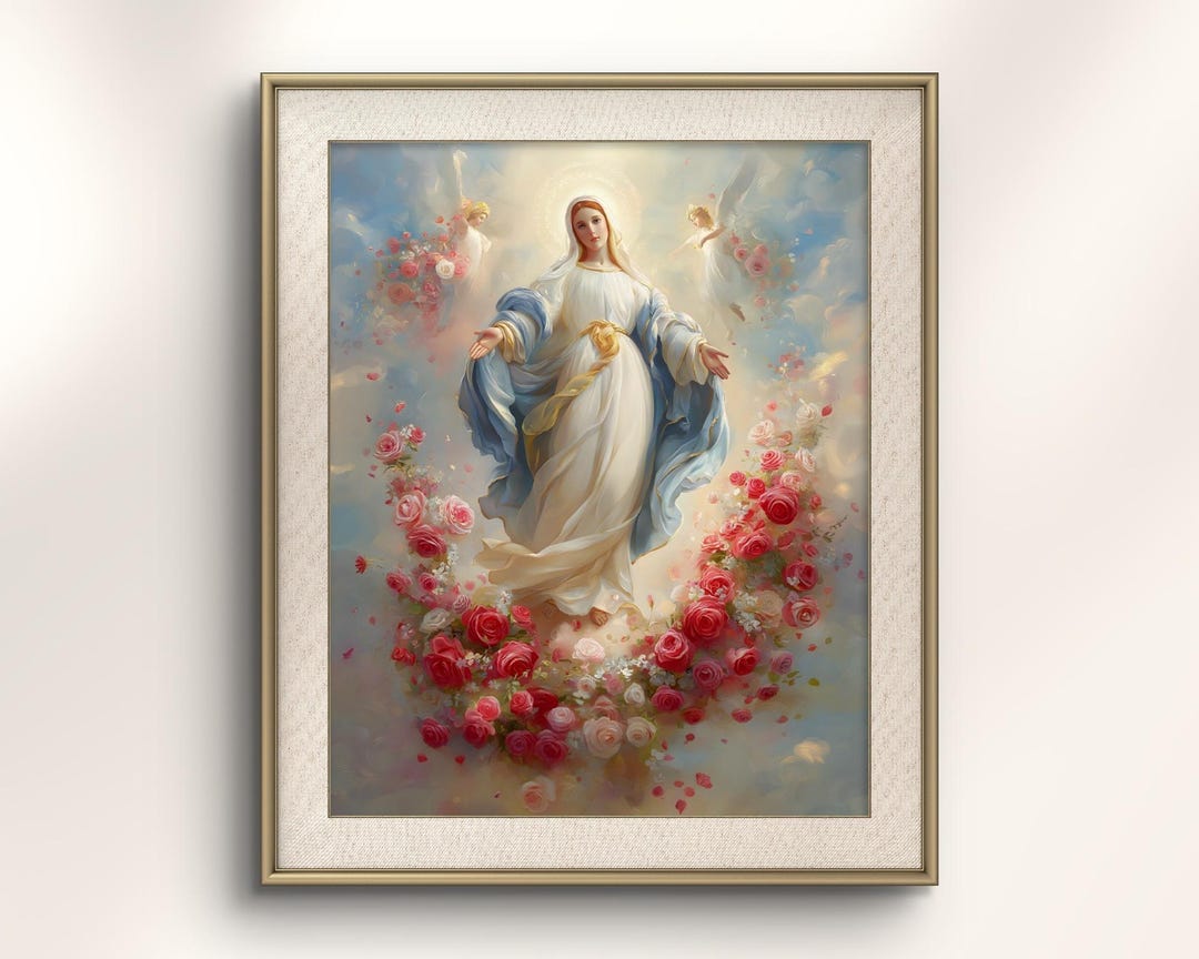 Heavenly Queen, Virgin Mary With Roses, Catholic Blessed Mother Art ...
