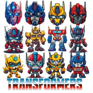 Op de afbeelding: Een kleurrijke illustratie met cartoon Transformers-personages, waaronder Optimus Prime en Bumblebee, in verschillende poses en headshots. Het woord "TRANSFORMERS" wordt onderaan in vette, rode en witte letters weergegeven.