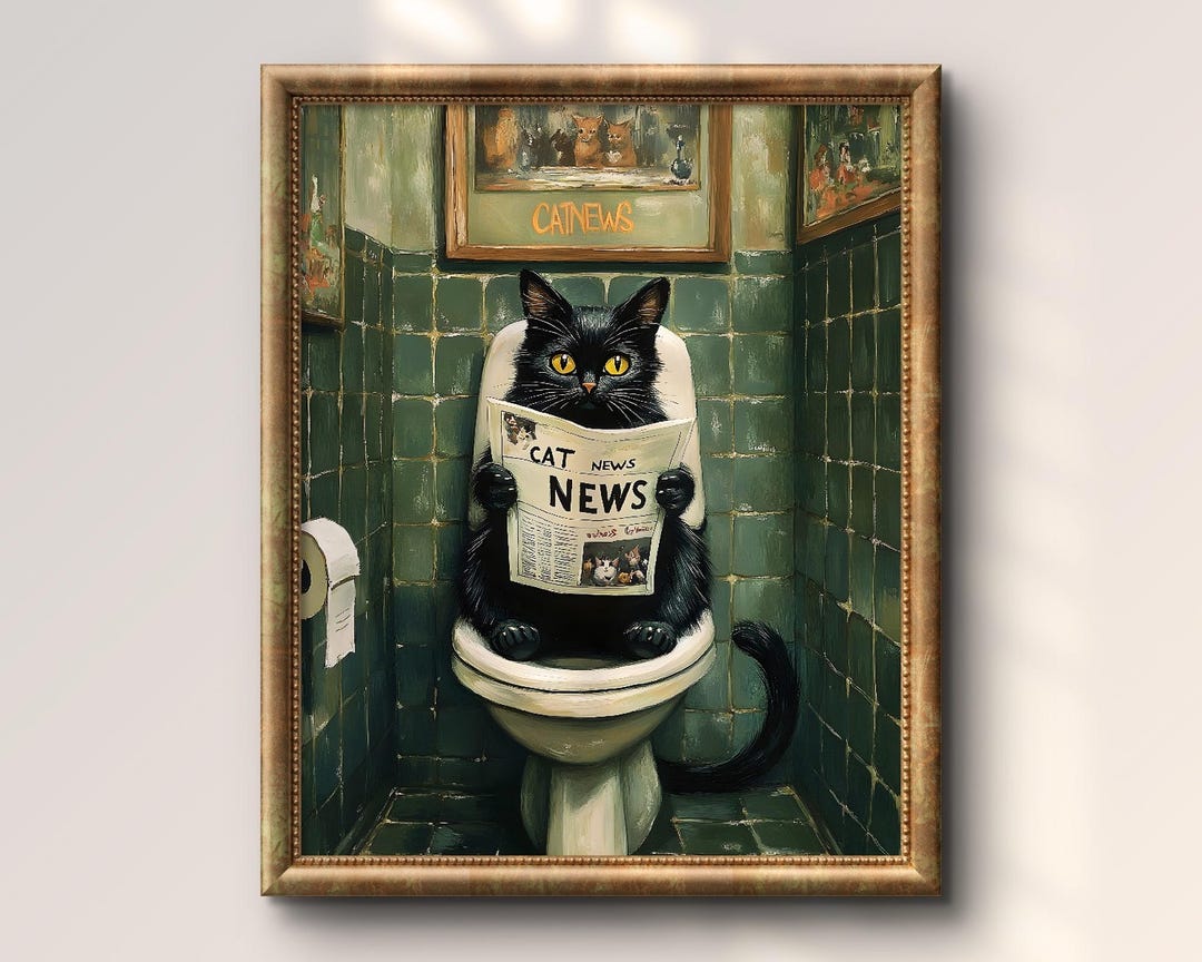 Black Cat Reading Newspaper on Toilet Art Print, Funny Bathroom Wall ...