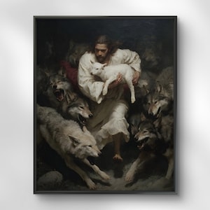Peut inclure: Œuvre encadrée représentant une figure en robe blanche tenant un agneau, entourée de loups. La peinture a une esthétique sombre et dramatique avec un accent sur le contraste et la texture. L'œuvre est encadrée dans un cadre noir.