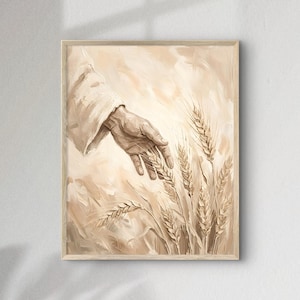 Peut inclure: Une impression d'art mural verticale représentant une peinture à l'huile d'une main tendant à toucher plusieurs épis de blé. La palette de couleurs se compose de tons monochromes beige, crème et brun clair avec des coups de pinceau visibles.
