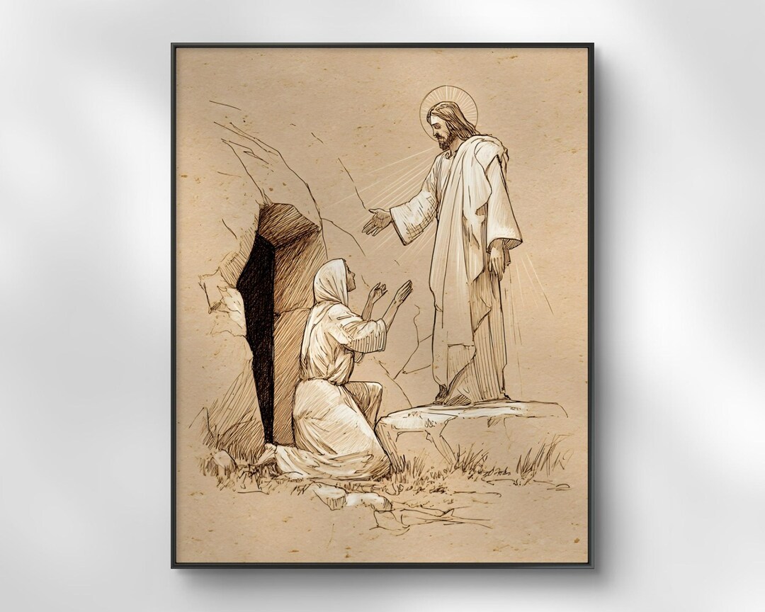 Easter Wall Art, Jesus Mary Magdalene Resurrection Tomb Vintage Sketch ...