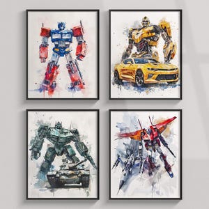 Peut inclure: Quatre impressions encadrées à l'aquarelle représentant des robots et des véhicules. L'une montre un robot rouge, blanc et bleu. Une autre représente un robot jaune avec une voiture jaune. Les deux autres montrent un robot vert avec un char et un robot rouge et blanc avec un jet.