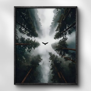 Puede incluir: Una impresión artística enmarcada que muestra una vista baja de altos árboles de hoja perenne contra un cielo nublado. Un pájaro negro vuela en el centro. El marco es marrón oscuro.