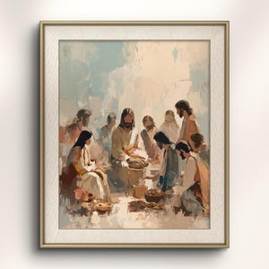 May include: A framed print of a religious scene. The artwork depicts a group of figures gathered around a table, rendered in soft, muted tones of beige, brown, and blue. The figures are dressed in robes, and the overall style is painterly.