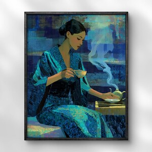 Moderne abstrakte Wandkunst, Elegante Frau im blauen Kimono, Tee trinkend, Feminines minimalistisches Kunstposter, asiatisch inspiriertes, ruhiges Wohndekor