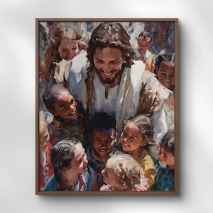 May include: A framed painting depicts a smiling figure surrounded by children. The artwork features warm tones, with the central figure in white and tan robes. The children, of diverse ethnicities, are rendered in vibrant colors, creating a sense of joy and community.