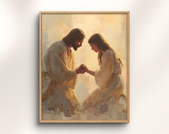 Jesucristo con una mujer en oración, impresión artística compasiva