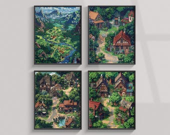 Stardew Valley Inspired Pixel Art Set of 4, Cozy Gaming Room Decor & Retro Village Landscape