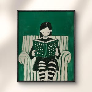 Emerald Green Modern Reading Girl Wall Art, Book Minimalist Poster, Abstract Stripe Woman Portrait, Reading Nook Print, Book Lover Gift