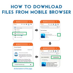 Puede incluir: Una gu&iacute;a paso a paso sobre c&oacute;mo descargar archivos desde un navegador m&oacute;vil, con capturas de pantalla de la aplicaci&oacute;n Etsy. El t&iacute;tulo dice "HOW TO DOWNLOAD FILES FROM MOBILE BROWSER". La gu&iacute;a muestra el proceso de descarga.