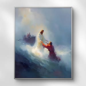 Puede incluir: Una pintura artística representa una escena religiosa con una figura de blanco extendiendo la mano a otra de rojo en medio de aguas turbulentas. Un bote con figuras está en el fondo, contra un cielo nublado. La obra está enmarcada.