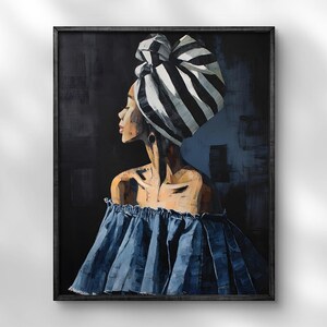 Contemplative Afro Woman Portrait, Black Woman Print, Abstract Modern Wall Art, Feminine Energy Art Poster, Expressive Striped Feminine