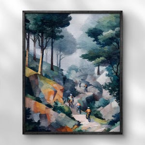 Mountain Bike Watercolor Print, MTB Poster, Forest Mountain Landscape, Summer Travel Wall Art, Adventure Nature Art, Outdoor Cycling Decor