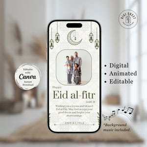 Exclusieve digitale wenskaart Eid met foto geanimeerde aangepaste bewerkbare Ramadanbeige zachte pastel saliegroen