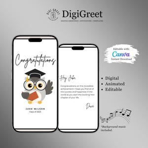 Carte de remise des diplômes Carte numérique de remise des diplômes Animée Simple Félicitations Numérique Hibou Dessin animé Gris