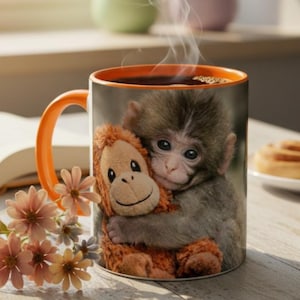 May include: A ceramic coffee mug with an orange handle and rim, featuring a heartwarming image of a baby monkey hugging a stuffed animal. The mug is filled with hot coffee, and steam rises from the top. A bouquet of flowers and a book are in the background.