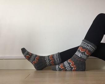 Hand Knit Wool Socks Fox Foxy Socks Grey Orange White Winter Fair isle