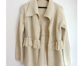 Hand Knitted Chunky Wool Alpaca Boho Jacket Cardigan with Textured Pattern and Fringing in Off White Winter Christmas Fashion