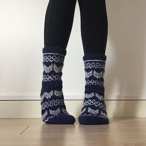 Hand Knit Blue grey fox wool socks winter fairisle scandinavian norwegian