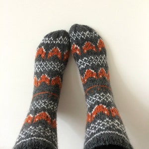 Hand Knit Wool Socks Fox Foxy Socks Grey Orange White Winter Fair isle image 7