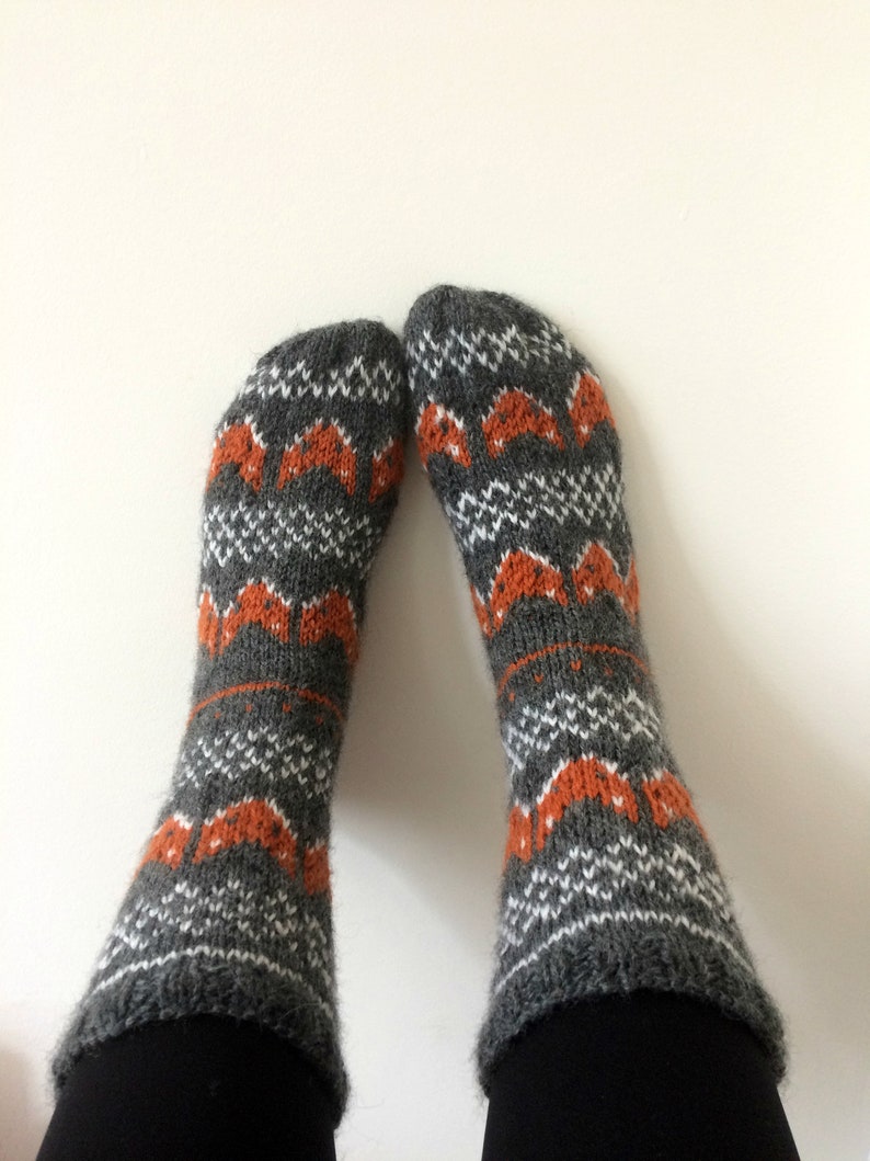 Hand Knit Wool Socks Fox Foxy Socks Grey Orange White Winter Fair isle image 7