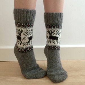 Wool Socks Elk Reindeer Buck Grey and White Scandinavian Christmas Fair Isle