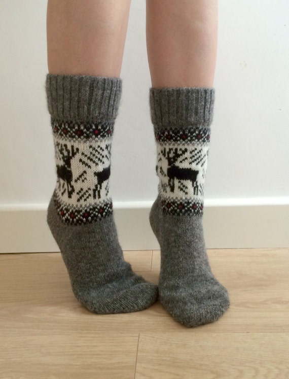 Wool Socks Elk Reindeer Buck Grey and White Scandinavian Christmas Fair Isle