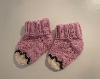 Hand Knit Baby girl bear pink merino wool socks booties newborn handmade gender reveal