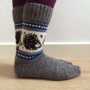 Wool Socks Hedgehog Winter Christmas Grey White Black Blue Color Work