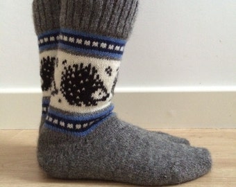 Wool Socks Hedgehog Winter Christmas Grey White Black Blue Color Work