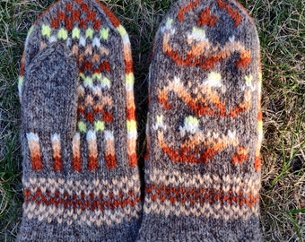 Hand knit wool mittens in grey brown white yellow fairisle pattern