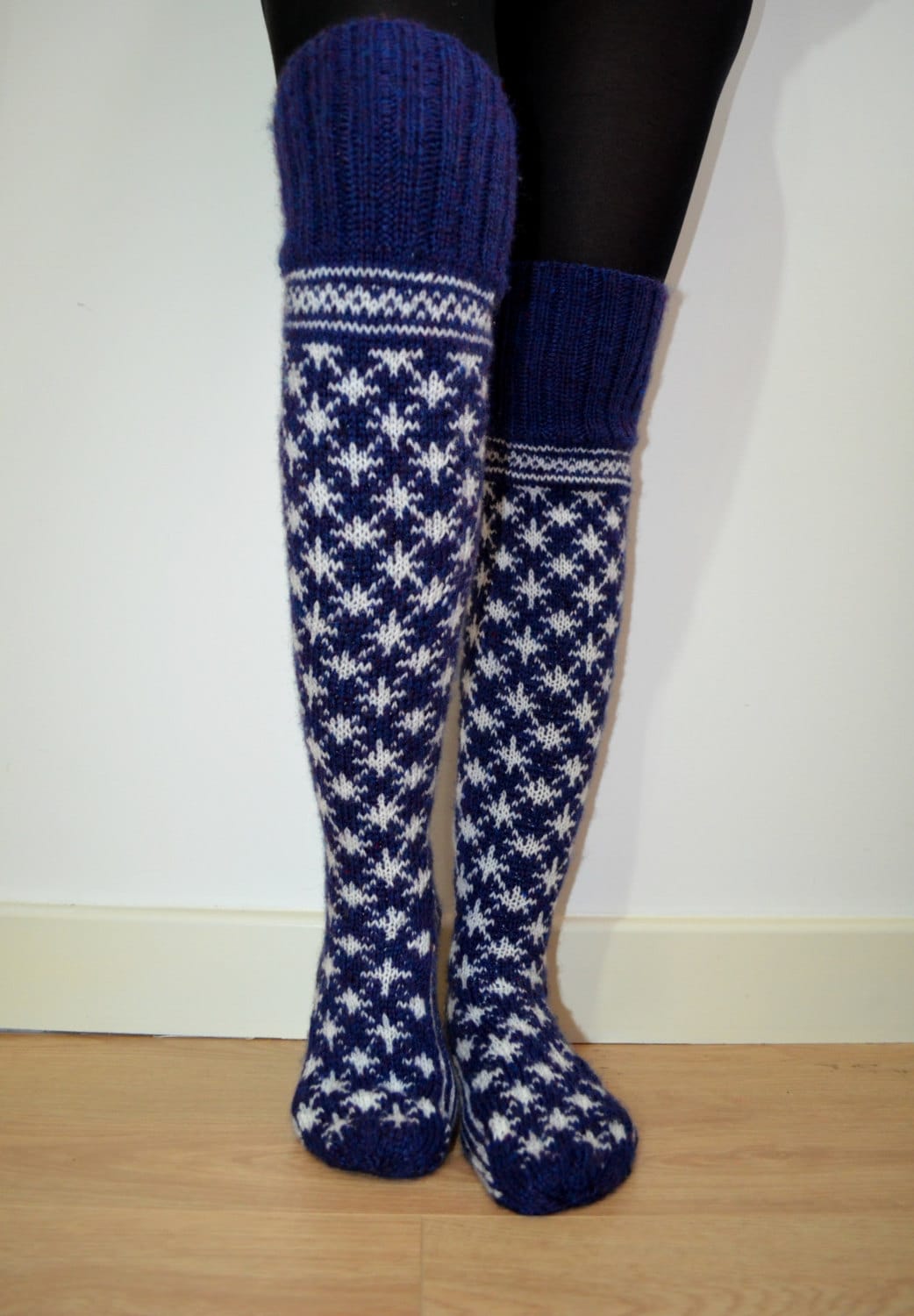 Hand Knit Wool Socks Above the Knee Blue White Christmas Snowflake ...
