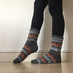 Hand Knit Wool Socks Fox Foxy Socks Grey Orange White Winter Fair isle image 6