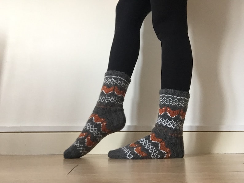 Hand Knit Wool Socks Fox Foxy Socks Grey Orange White Winter Fair isle image 6