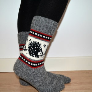 Wool Socks Hedgehog Winter Christmas Grey White Black Red Color Work