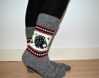 Wool Socks Hedgehog Winter Christmas Grey White Black Red Color Work