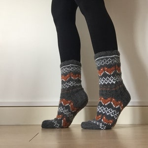 Hand Knit Wool Socks Fox Foxy Socks Grey Orange White Winter Fair isle image 4