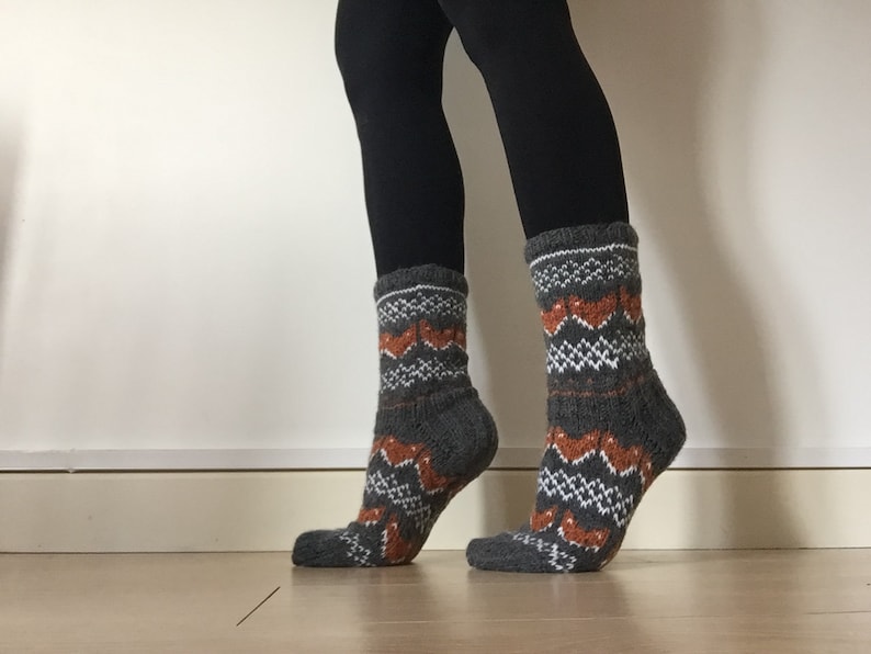 Hand Knit Wool Socks Fox Foxy Socks Grey Orange White Winter Fair isle image 4