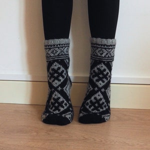 Hand Knit Wool Grey Black Socks Scandinavian Baltic Fair Isle Patterned Winter Mens Socks Masculine