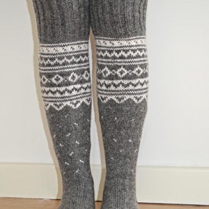 Long Above the Knee Hand Knit Grey White Wool Winter Socks - Etsy