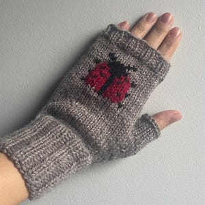 Può includere: Guanti senza dita grigi con un disegno di coccinella rossa e nera. I guanti a maglia sono realizzati in un materiale morbido e strutturato. La coccinella è centrata sul dorso della mano. I guanti sono progettati per tenere le mani al caldo.