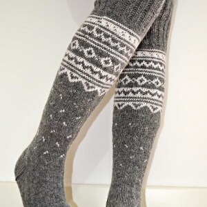 Long Above the Knee Hand Knit Grey White Wool Winter Socks - Etsy