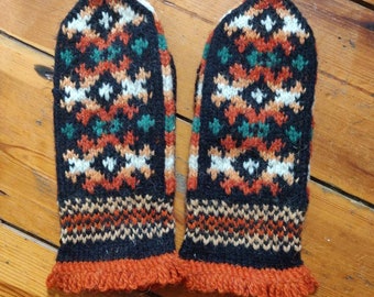 Handknit traditional wool mittens latvian nordic fairisle dark brown orange white green