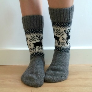 Grey Wool Socks Reindeer Buck Deer Christmas Winter Scandinavian Nordic Fairisle Colorwork