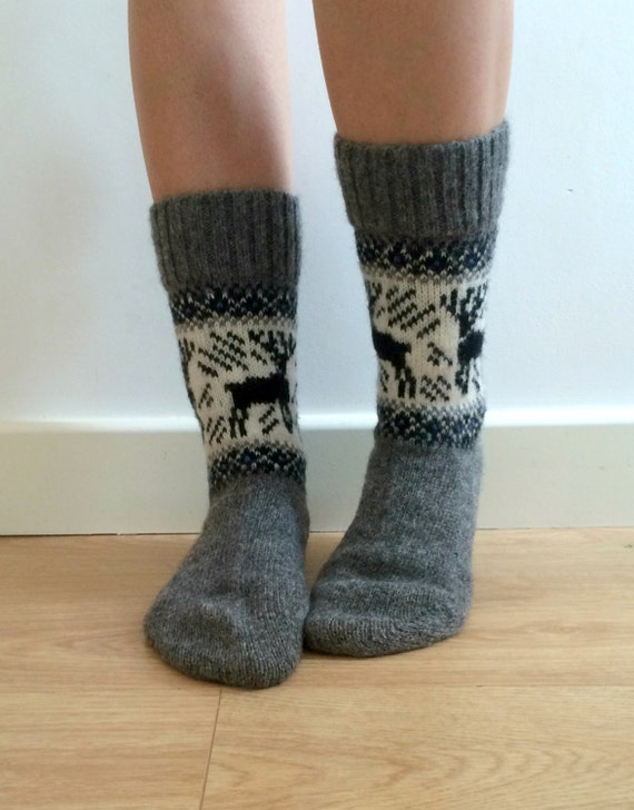 Grey Wool Socks Reindeer Buck Deer Christmas Winter Scandinavian Nordic Fairisle Colorwork