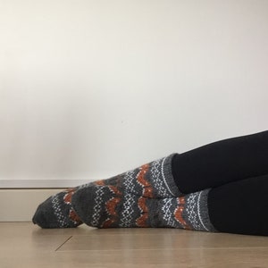 Hand Knit Wool Socks Fox Foxy Socks Grey Orange White Winter Fair isle image 5