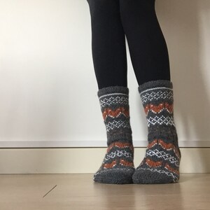 Hand Knit Wool Socks Fox Foxy Socks Grey Orange White Winter Fair isle image 2