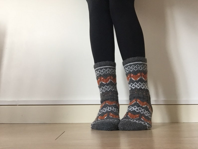 Hand Knit Wool Socks Fox Foxy Socks Grey Orange White Winter Fair isle image 2